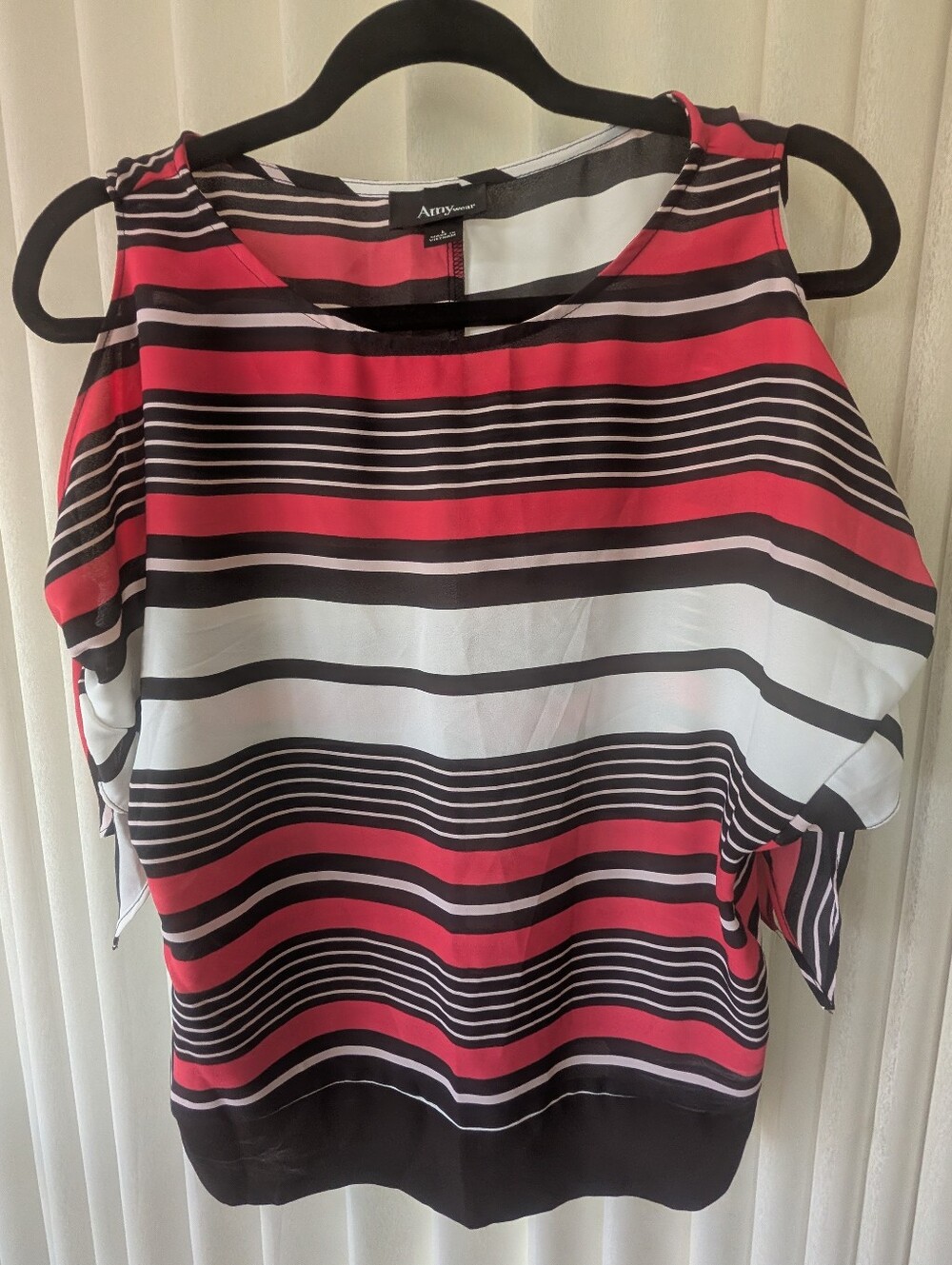 Amy Wear Red & Black Striped Cold-Shoulder Top